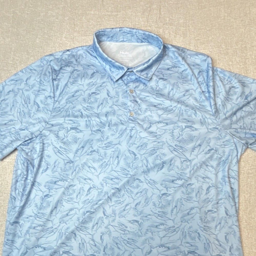 Huk 3XL Stretch Blue AOP Fish Pattern Short Sleeve Active Polo Shirt